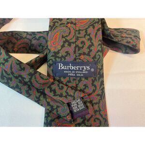Vintage Burberrys Paisley Tie Black Green 100% SILK MADE England Work EUC